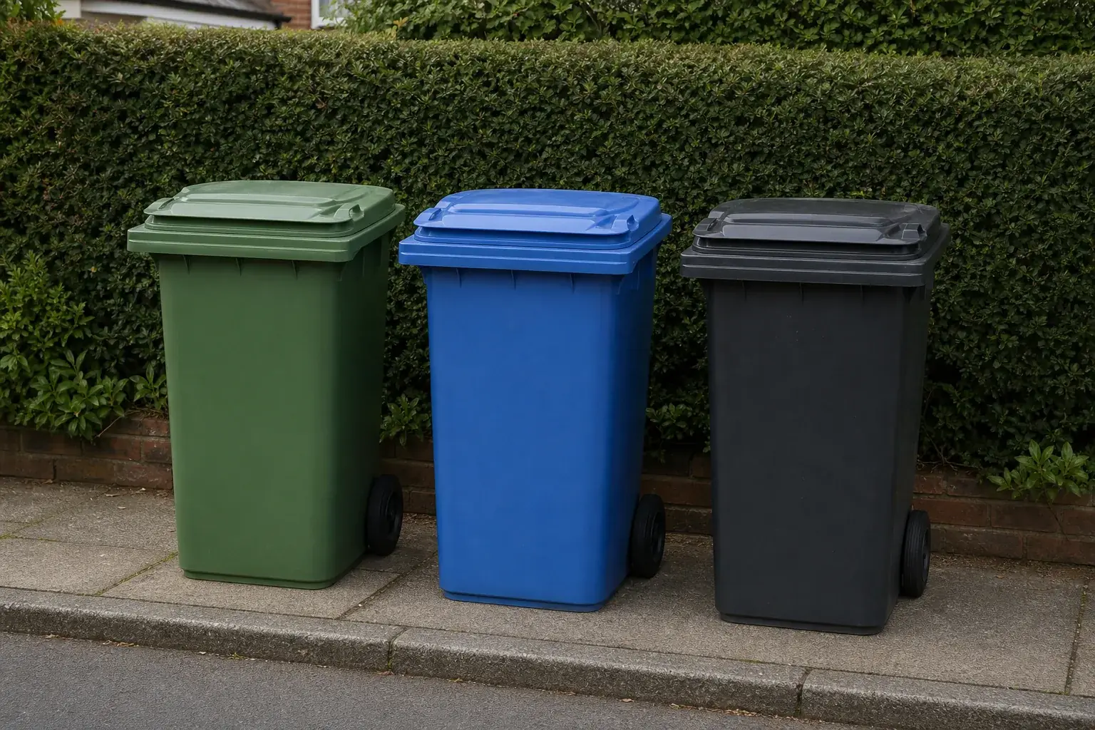 Green, blue and black kerbside wheelie bins standing together on a suburban pavement