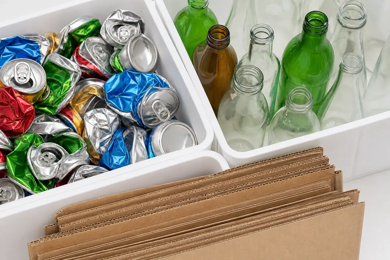 Crushed aluminium cans, glass bottles and flattened cardboard separated into clean sorting trays