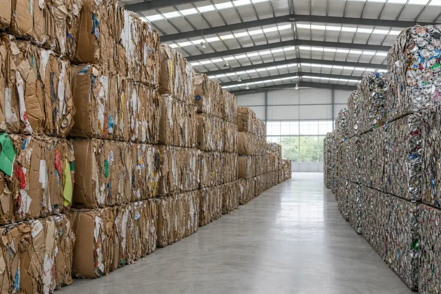 Bales of compressed recycled cardboard and crushed metal stacked in a recycling warehouse