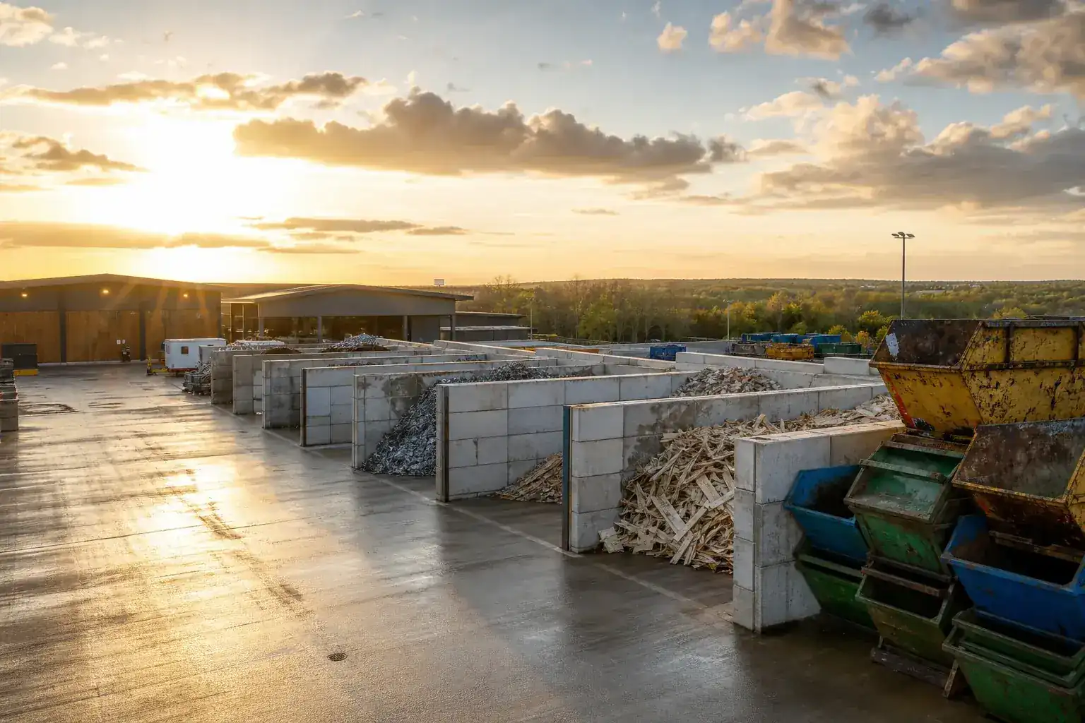 A clean waste transfer and recycling yard at golden hour with separated bays of sorted material